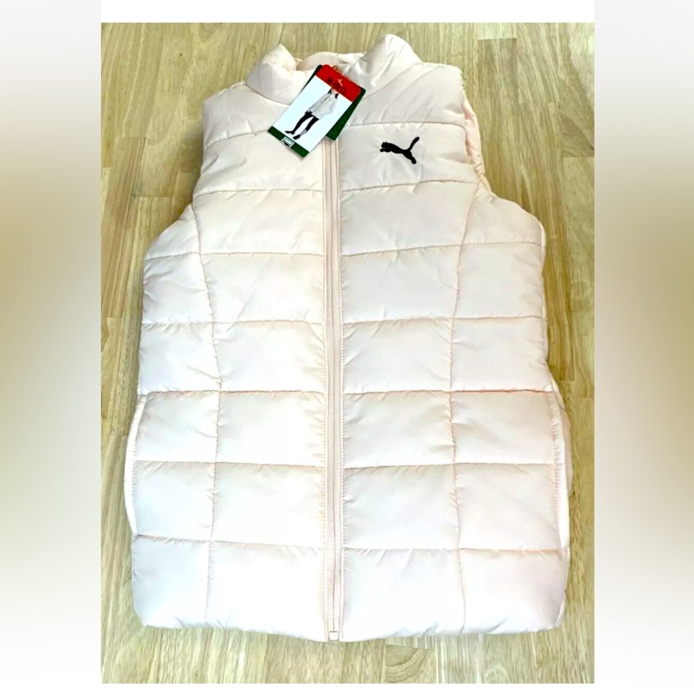 PUMA Puffer Vest Youth Medium Size 10-12 Soft Pink Quilted Full Zip Pockets